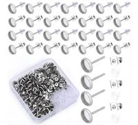 SOFPLATE 1 Box 100Pcs 6Mm Bezel Post Earrings Findings Stud Earring Cabochon Blanks Stainless Steel hypoallergenic Silver Ear Stud with Ear Nut Flat Round Earring Studs for Jewellery Making Supplies