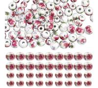 SOFPLATE 1 Box 100Pcs Ceramic Flower Beads Flower Printed Beads 8MM 10MM Porcelain Bulk Loose Small Cute Round Purple Peony Floral Spacers for Jewellery Making Findings Bracelet Necklace Beginner
