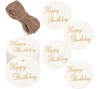 SOFPLATE 1 Box 100Pcs Kraft Paper Tags White Gift Labels Hanging Large 1.77 Inch Golden Word Happy Birthday Dear Sweet 20m Jute Cord Round Present Tags for Gifts Birthday Party Flower Decor Supplies
