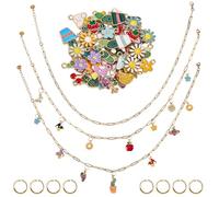 SOFPLATE 1 Box 104Pcs DIY Charm Necklace Kit Gold Necklace Charms Bulk Stainless Steel Paperclip Chains Assorted Enamel Pendants Real 18K Gold Plated Jump Rings for Charm Necklaces Jewellery Making