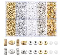 SOFPLATE 1 Box 1100Pcs Rhinestone Rondelle Spacer Beads Bulk ABS Plastic Beads Imitation Pearl Smooth Gold Silver Round Loose Bead Spacers for Bracelets Beading Necklaces Jewellery Making DIY Crafts