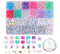 SOFPLATE 1 Box 12 Colors 944Pcs 6 x 9mm Pony Beads Kit Bulk Friendship Bracelet Kit Pony Beads with Letters Heart Bead Jump Rings Clasps Caps Elastic Cord Kandi Beads for DIY Bracelet Jewellery Making