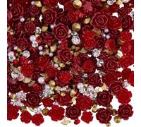 SOFPLATE 1 Box 150Pcs Red Rose Nail Charms 3D Resin Flower Nail Art Decorations Flatback Rhinestones Gems Pearls Valentine's Day Fingernail Supplies for Women Manicure Art Accessories DIY Crafts