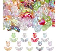 SOFPLATE 1 Box 18 Styles 72Pcs Iridescent Flower Beads Acrylic Tulip Beads Spring Leaf Petals Iridescent Love Valentine's Day Transparent Loose Plastic Flower Beads for Jewelry Making Earring Necklace
