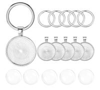 SOFPLATE 1 Box 20 Set Keychain Making Kit Cabochon Charm Bezel Blanks Silver Metal Alloy Glass Round Basic Iron Split Key Rings Trays Set Charm for Jewellery Making Charms Necklace DIY Craft Supplies