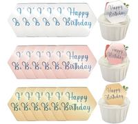 SOFPLATE 1 Box 21Pcs 3 Colors Hexagon Happy Birthday Cake Topper Mirror Acrylic Cupcake Toppers Gold Silver Pink Dessert Cup Cakes Card Decoration for Birthday Parties Baking DIY Decor Accessories