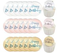 SOFPLATE 1 Box 21Pcs 3 Colors Round Cake Topper Acrylic Disc Cupcake Topper Gold Silver Pink Mirror Happy Birthday Dessert Cup Cakes Card Decoration for Birthday Parties Baking DIY Decor Supplies