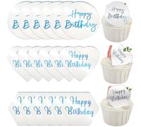 SOFPLATE 1 Box 21Pcs 3 Styles Heart Cake Topper Happy Birthday Cupcake Toppers Acrylic Plastic Non Edible Round Hexagon Silver Baking Decorations for Cakes Desert Birthday Party Celebration Decor