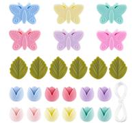 SOFPLATE 1 Box 24Pcs 3 Styles Spring Silicone Beads Flower Focal Bead with Thread Colorful Assorted Soft Floral Tulip Butterfly Leaf Loose Bead Kit for Pen Beaded Keychain Lanyard Bracelet DIY Crafts