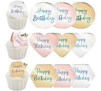 SOFPLATE 1 Box 27Pcs 9 Styles Happy Birthday Cake Toppers Acrylic Mirror CupCake Toppers Plastic Gold Silver Rosegold Round Heart Hexagon Non Edible Cake Decorations for Birthday Party Celebration