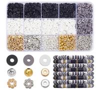 SOFPLATE 1 Box 2800Pcs Black and White Clay Beads Kit 6mm Friendship Bracelet Making Kits Disc Heishi Flat Round Gold Silver Flower Spacer Beads for Jewelry Bracelets Making Accessories DIY Crafts