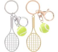 SOFPLATE 1 Box 2Pcs Tennis Bag Charm Mini Tennis Ball Keychain Sports Fan Key Chains Alloy Gold Silver Racket Hanging Metal Pendants Keyrings Charms for Purse Men Backpack Bag Lanyards Decorations