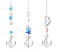 SOFPLATE 1 Box 3 Styles 3Pcs Nautical Suncatcher Crystal Sun Catchers Hanging with Stainless Steel 2 Hook Summer Anchor Suncatchers Moon Sun Blue Ocean Rainbow Maker Prism Set for Home Boat Window
