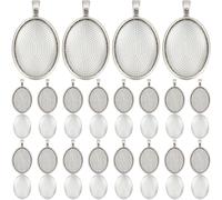 SOFPLATE 1 Box 30 Sets Cabochon Bezel Tray Silver Bezel Setting with Glass Cabochons Oval Dome Tibetan Style Alloy Vintage Blanks Trays Pendants for Jewellery Making Charms Necklace Supplies DIY Craft