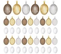 SOFPLATE 1 Box 30Pcs 3 Colors Oval Bezel Charm Metal Cabochon Tray Gold Silver Antique Bronze Alloy Blank Base Charms Settings with Glass Cabochons for Jewelry Making Pendants Necklace DIY Crafts
