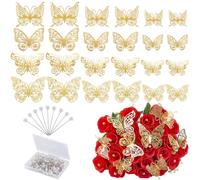SOFPLATE 1 Box 3D Butterfly Wall Stickers 48Pcs 4 Styles 3 Sizes Gold Butterfly Decorations with 100pcs Diamond Head Pins Spring Wall Decal Decoration for Birthday Party Cake Bunch of Flowers Decors