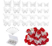 SOFPLATE 1 Box 3D Butterfly Wall Stickers 48Pcs 4 Styles 3 Sizes Silver Butterfly Decorations with 100pcs Diamond Head Pins Spring Decal Decoration for Birthday Party Cake Bunch of Flowers Decors
