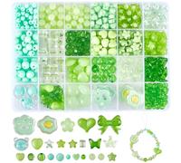 SOFPLATE 1 Box 539Pcs Green Assorted Beads Cute Acrylic Beads Kit Butterfly Heart Flower Stars Bear Kawaii Aesthetic Spacers for Jewellery Making Supplies DIY Bracelets Necklaces Crafts Phone Charm