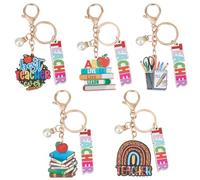 SOFPLATE 1 Box 5Pcs 5 Colors Book Key Chains Bulk Teacher Appreciation Keychain Set Wood School Class Wood Word Pearl Charm Keychains for Car Key Keychains Teachers Day Gift Party Favor Wedding Favors