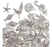SOFPLATE 1 Box 60Pcs Conch Charms Silver Sea Life Charm Antique Alloy Fish Ocean Creature Turtle Seashell Seahorse Marine Life Summer Beach Pendants for Jewellery Making Crafts DIY Earrings Necklaces