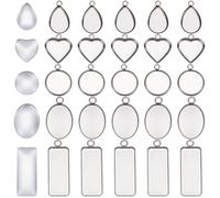 SOFPLATE 1 Box 60Pcs Rectangular Bezel Pendant Trays Silver Bezel Tray with Glass Cabochon Stainless Steel Silver Heart Round Dome Flatback Setting Charms Kits for Jewellery Charms Necklaces DIY Craft
