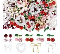 SOFPLATE 1 Box 64Pcs Cherry Nail Charms Set Nail Art Decorations 3D Cute Alloy Bows Hearts Accessories with 6g Pink Red Flatback Rhinestones for Kawaii Fingernail Art Decoration DIY Crafts Women