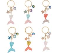 SOFPLATE 1 Box 6Pcs Mermaid Tail Keychain Starfish Keychains Bulk Small Beach Fishtail Sea Shell Resin Alloy Enamel Sparkling Charm Ocean Keychains for Women Girls Gifts Car Key Ring Handbag Backpack