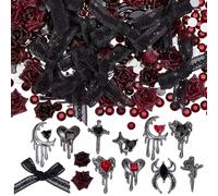 SOFPLATE 1 Box 70Pcs Gothic Nail Charms Halloween Nail Art Decorations 3D Cross Moon Star Heart Spider Gems Resin Flowers Velvet Bows Flatback Rhinestones Accessories for Women Halloween DIY Crafts