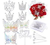 SOFPLATE 1 Box Flower Bouquets Accessories Butterfly Decorations Silver Corsage Pins Bulk Alloy Rhinestones Sparkle Crown Cake Toppers for Women Birthday Party Wedding Decoration Bouquet Arrangements