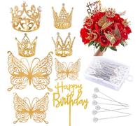 SOFPLATE 1 Box Flower Bouquets Kit Corsage Pins Bulk Cake Topper Decoration 3D Butterfly Alloy Shiny Queen Royal Tiara Happy Birthday Mini Crowns for Crafts Flower Bouquets Cake Topper Floral Supplies