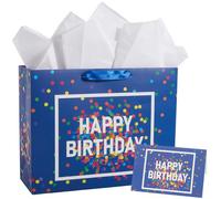 SOFPLATE 1 Set Happy Birthday Dots Bags Gift Wrap Bags Set 13x10.2x4.7in Large Rectangle Shopping Tissue Paper Greeting Card Blue Birthday Packet for Friend Men Women Unisex Party Shower Supplies