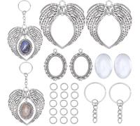 SOFPLATE 10 Sets Angel Wing Charm Keychain Angel Keychain Bulk Alloy Antique Silver Tibetan Style Blank Pendant Wings with Glass Cabochons Split Key Ring Sets for Keychains Lanyards Supplies DIY Craft