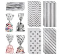 SOFPLATE 100Pcs 10.6 x 5.1 Inch Silver Treat Bags Small Plastic Candy Bags with Ties Cellophane Rectangle Dot Line Wrapping Pouches Accessories for Cookies Soap Candy Party Favor Gifts DIY Packaging