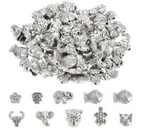 SOFPLATE 100Pcs 10 Styles Animal Spacer Beads Metal Sea Turtle Bead Tibetan Vintage Antique Silver Flower Cattle Fish Cat Elephant Bead Charms for Jewellery Making Beading Necklace Bracelet DIY Crafts