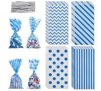 SOFPLATE 100Pcs 4 Styles 5.1 X 10.6 Inch Blue Cellophane Treat Bags with Twist Ties Cellophane Goodie Bags Bulk Polka Dots Stripes Pattern Treat Bags for Gift Cookie Snack Packing Party Favor Supplies