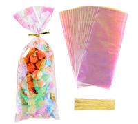 SOFPLATE 100Pcs 4 x 10 Inch Cellophane Bags Clear bags with Ties Holographic Iridescent Pink Plastic Favor Pouch for Party Gifts Wedding Candy Popcorn Cookies Packing Valentine Snack Packet