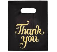 SOFPLATE 100Pcs 7.9 x 5.8 Inch Thank You Goodie Bags Black Plastic Merchandise Bags with Hole Handle Rectangle Words Small Treat Gift Pouches for Candy Merchandise Party Favor Gift Trade DIY Packaging