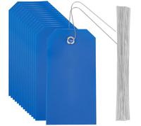SOFPLATE 100Pcs Blue Hang Tags Blank Shipping Tags with Iron Wire 4.7 x 2.4 Inch Rectangle Waterproof Plastic PVC Eyelet Identification Name Tag Labels Kit for Hanging Name Card Handbag Luggage Gift