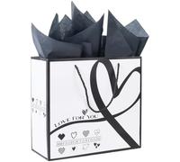 SOFPLATE 11.8 x 10.6 Inch Heart Paper Gift Bags Black and White Party Bags with Handles Tissue Printed Rectangle Shopping Wrapping Storage Paper Set for DIY Women Party Favor Gifts Presents Packaging