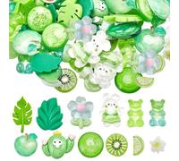 SOFPLATE 120Pcs 12 Styles Green Resin Charms Assorted Cabochons Bulk Flatback Animal Fruit Plant Flat Round Bear Rabbit Flower Leaf Watermelon Avocado Cabochon for DIY Crafting Jewelry Embellishments