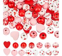 SOFPLATE 120Pcs 15 Styles Valentine's Day wood Beads Wooden Holiday Colored Beads 16mm DIY Crafts Round Beads with Jute Cord Heart Spacer Bead for Jewellery Making Supplies Wedding Holiday Home Decor