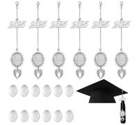 SOFPLATE 12Pcs 2025 Years Antique Silver Graduation Cap Charm Memorial Photo Charms Ceremony Picture Pendant Decoration Graduation Cap Chain Accessories with Glass Cabochons for College Gifts Adult