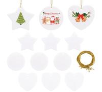 SOFPLATE 12Pcs 3 Styles Sublimation Ceramic Ornaments Blanks Sublimation Hanging Sign Blanks with Gold String White Heart Press Printing Porcelain Discs for Crafting DIY Personalized Christmas Decor