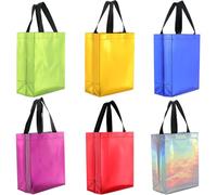 SOFPLATE 12Pcs 6 Colors Holographic Reusable Birthday Gift Bags Bulk Sparkle Gift Bags with Handles Sparkle Glossy Metallic Shopping Tote for Wedding Party Christmas Favors 7.8W x 10D x 3.9H Inch