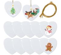 SOFPLATE 12Pcs Heart Sublimation Ornaments Ceramic Sublimation Blanks with Cords Porcelain White Heat Transfer Blank Personalized Hanging Pendants Tags for Christmas Tree Wedding DIY Craft Decoration