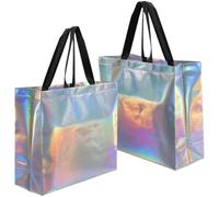 SOFPLATE 12Pcs Holographic Reusable Gift Bags Reusable Goodie Bag Medium Iridescent Colorful Glossy Rectangle Non-woven Wedding Present Wrapping with Handle Fabric Toe Bulk for Cloth Grocery Business