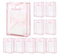 SOFPLATE 12Pcs Pink Clear Party Favor Bags Gift Wrap Plastic Tote Rectangle Transparent with Handle 23m Ribbon Wedding Valentines Reusable Small Flower Bags for Bouquets Candy Bottle Birthday Supplies
