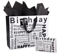SOFPLATE 13 x 10 x 5 Inch Happy Birthday Gift Bags Set Black and White Shopping Bags with Tissue Paper Rectangle Heavy Duty Present Greeting Card Large Wrapping Paper for Men Women Birthday Packaging