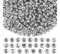 SOFPLATE 1500 Pcs Silver Letter Bead Bulk Flat Round Alphabet Beads 4x7mm Acrylic Small A-Z Black Letters Spacer Craft Beads for Jewellery Making Bracelets Beading Necklaces Hair Braids DIY Supplies