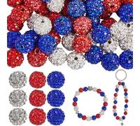 SOFPLATE 150Pcs 3 Colors Rhinestone Ball Beads Red White Blue Beads 10mm Pave Disco Shiny Round Ball Independence Day Sparkle Polymer Clay Spacer Bead for Beadable Pens Bracelets Necklaces Decoration